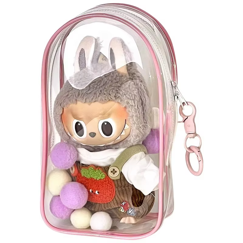Fur Balls and Keychain for 17cm Labubu and Glue Dolls in a PVC Storage Case with a Clear Dustproof Zipper Cover for Small Figures