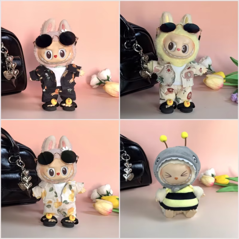 Labubu Blind Box Keychain, 17cm, Glasses and Beach Outfit Set (Vinyl Doll Adaptable Costume)